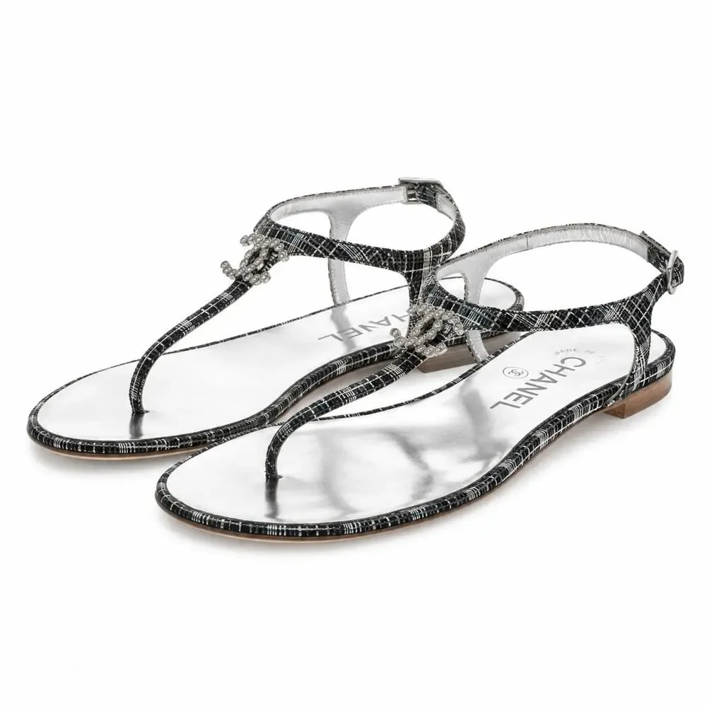 CHANEL Black Metallic Tweed Crystal CC Ankle T Strap Thong Flat Sandals 37.5